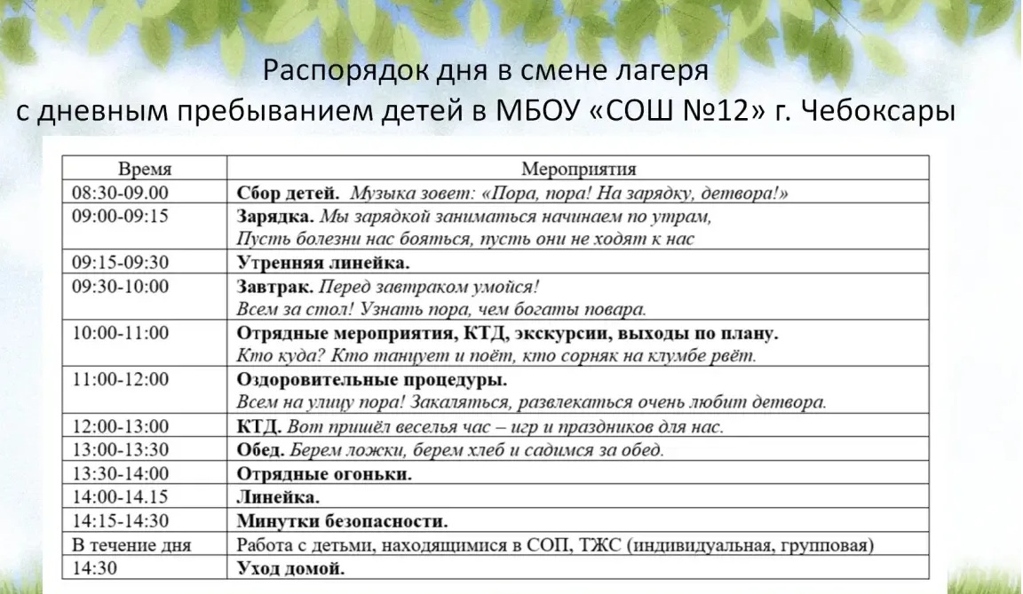 Распорядок дня в лагере